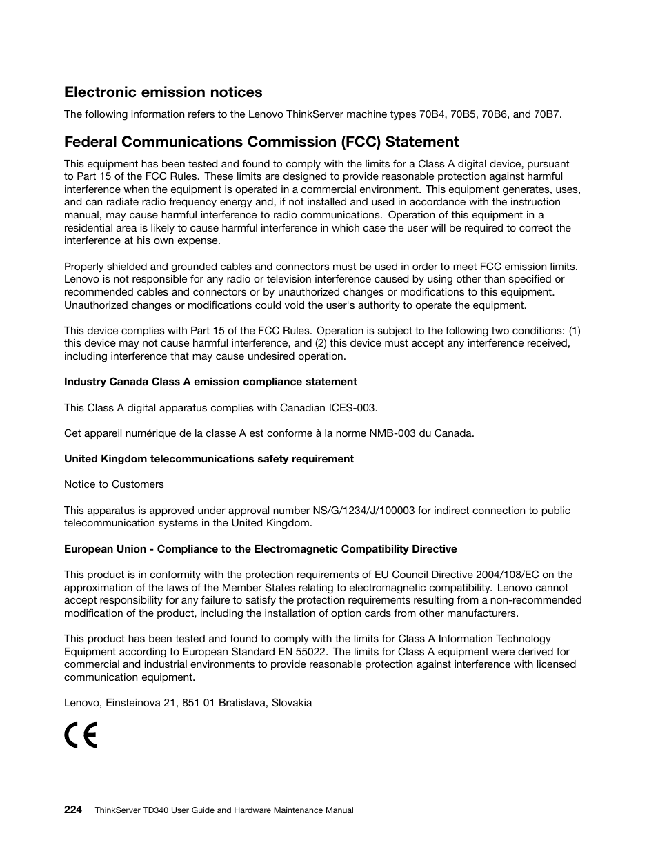 Electronic emission notices, Federal communications commission (fcc) statement | Lenovo ThinkServer TD340 User Manual | Page 236 / 246