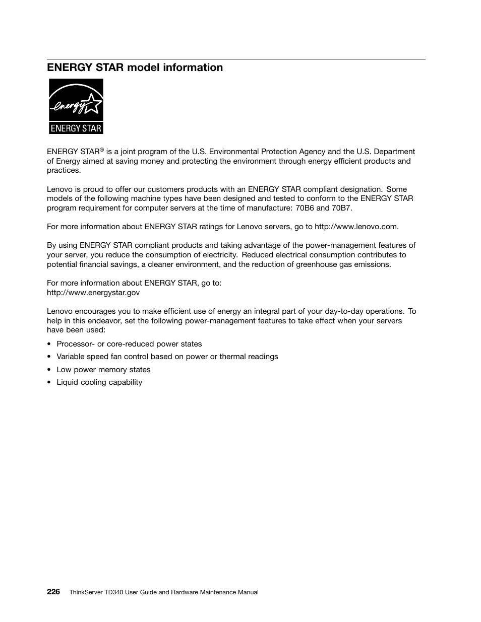 Energy star model information | Lenovo ThinkServer TD340 User Manual | Page 238 / 246