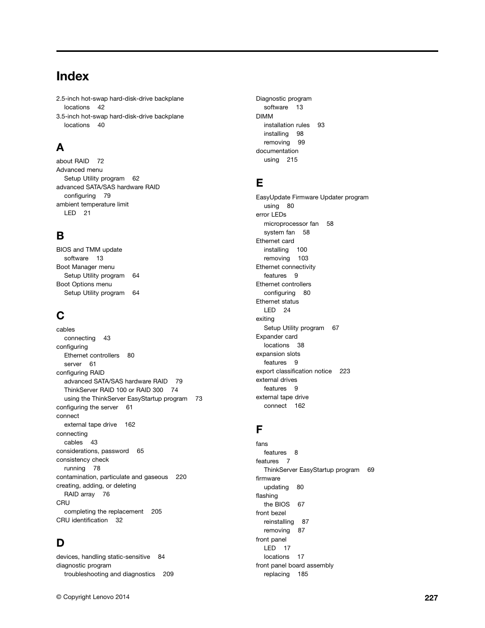 Index | Lenovo ThinkServer TD340 User Manual | Page 239 / 246