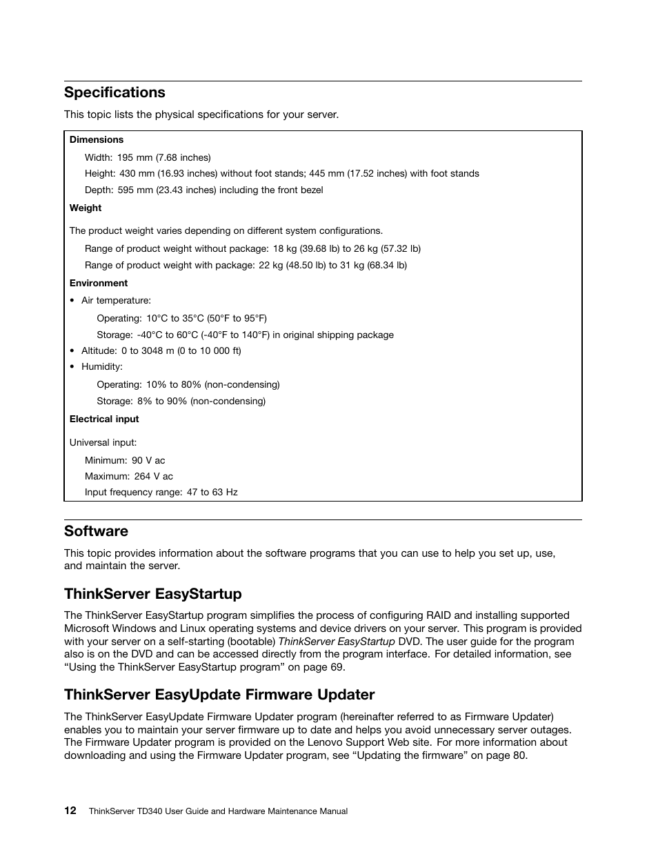 Specifications, Software, Thinkserver easystartup | Thinkserver easyupdate firmware updater | Lenovo ThinkServer TD340 User Manual | Page 24 / 246