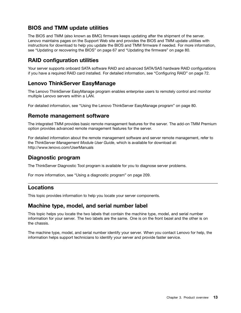 Bios and tmm update utilities, Raid configuration utilities, Lenovo thinkserver easymanage | Remote management software, Diagnostic program, Locations, Machine type, model, and serial number label | Lenovo ThinkServer TD340 User Manual | Page 25 / 246
