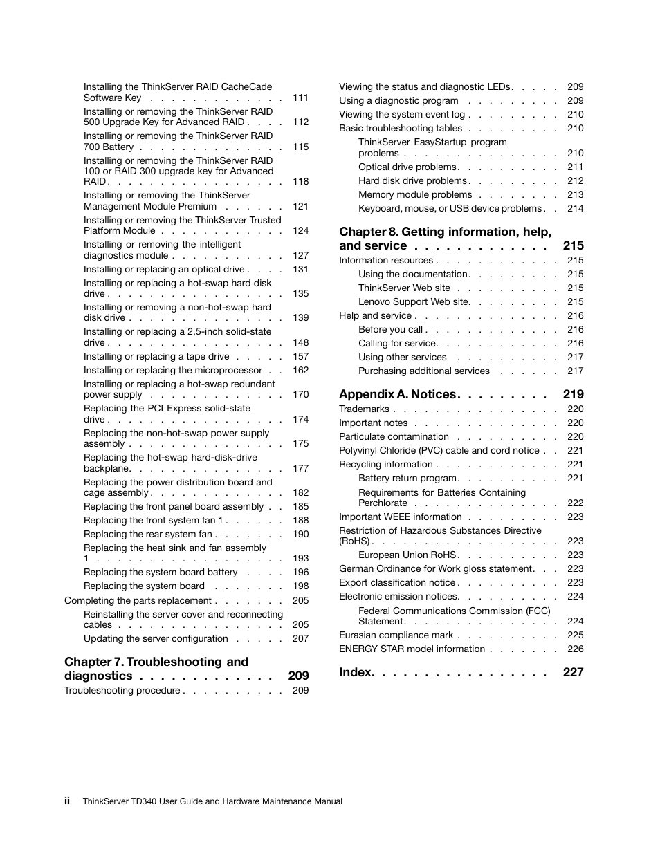 Chapter 7. troubleshooting and diagnostics, Chapter 8. getting information, help, and service, Appendix a. notices | Index | Lenovo ThinkServer TD340 User Manual | Page 4 / 246