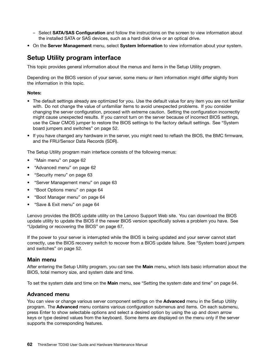 Setup utility program interface | Lenovo ThinkServer TD340 User Manual | Page 74 / 246