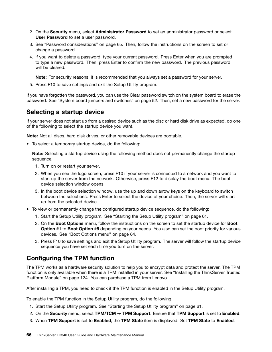 Selecting a startup device, Configuring the tpm function | Lenovo ThinkServer TD340 User Manual | Page 78 / 246