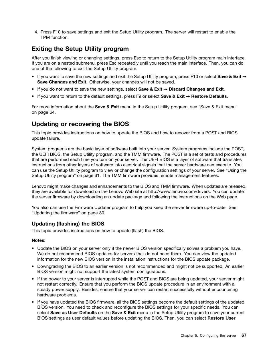 Exiting the setup utility program, Updating or recovering the bios, Updating (flashing) the bios | Lenovo ThinkServer TD340 User Manual | Page 79 / 246