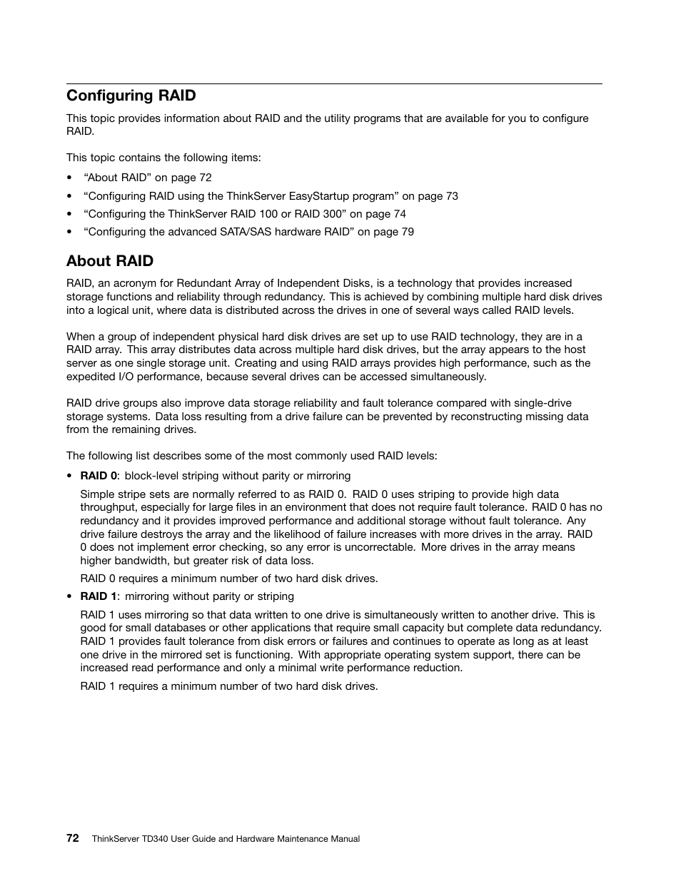 Configuring raid, About raid | Lenovo ThinkServer TD340 User Manual | Page 84 / 246