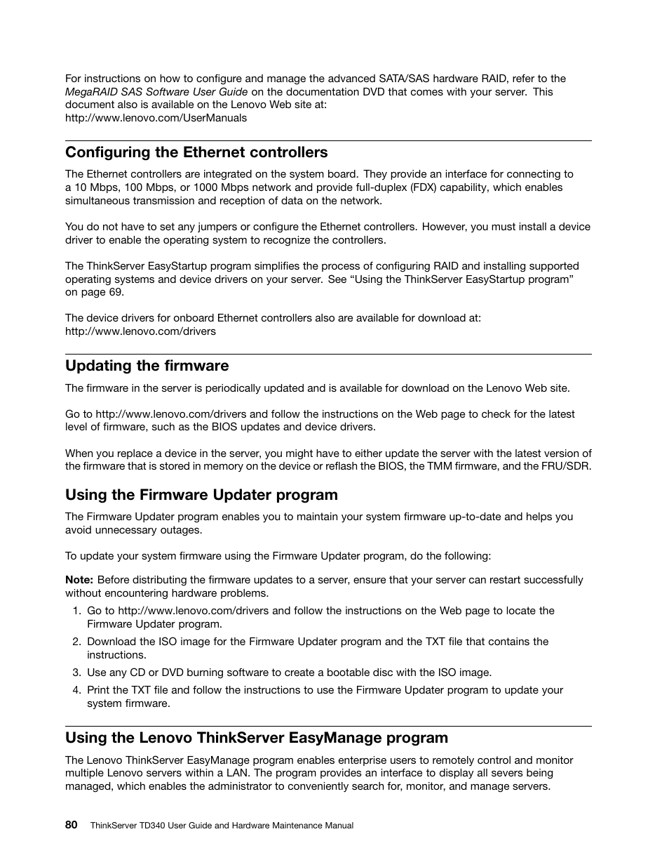 Configuring the ethernet controllers, Updating the firmware, Using the firmware updater program | Using the lenovo thinkserver easymanage program | Lenovo ThinkServer TD340 User Manual | Page 92 / 246