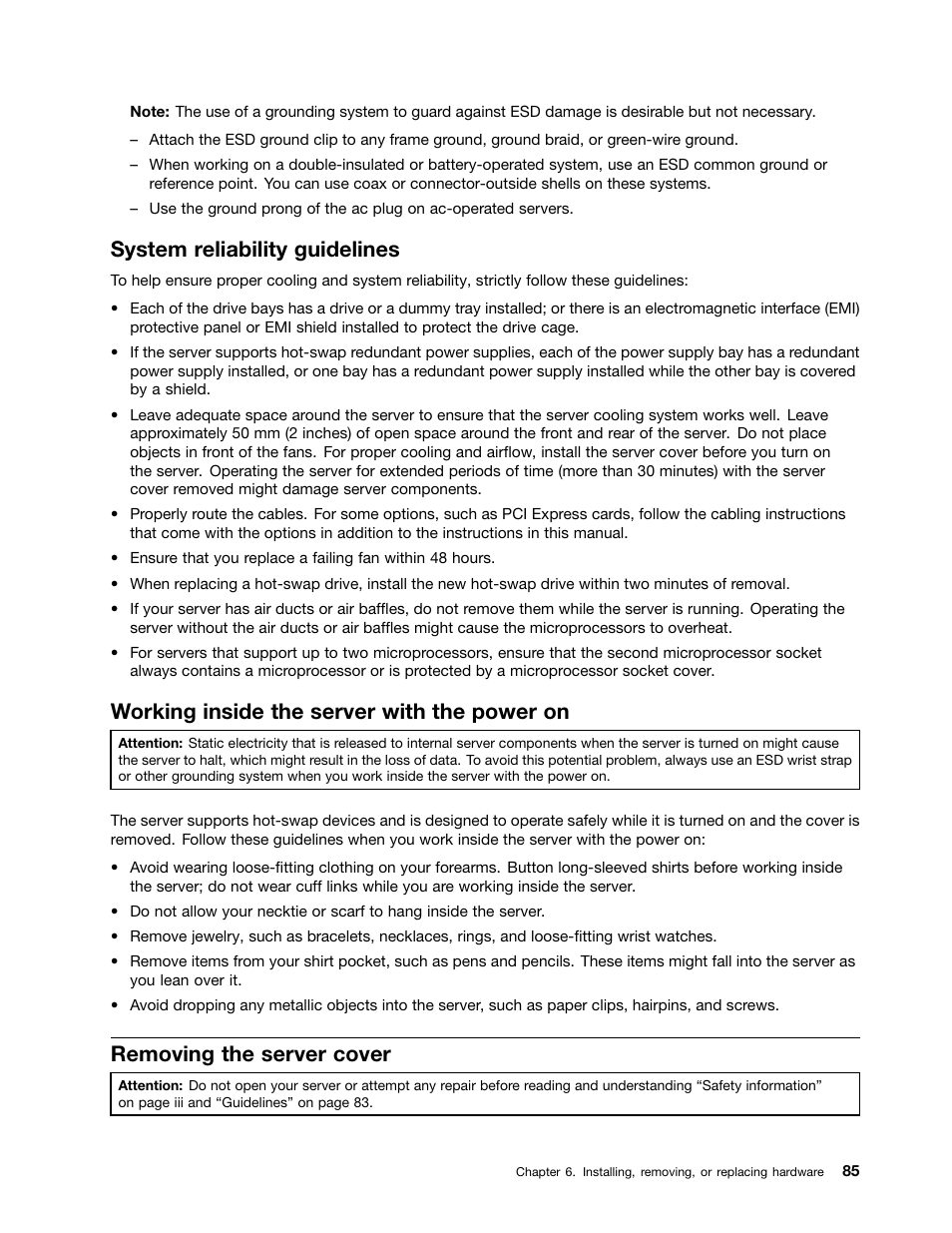 System reliability guidelines, Working inside the server with the power on, Removing the server cover | Lenovo ThinkServer TD340 User Manual | Page 97 / 246