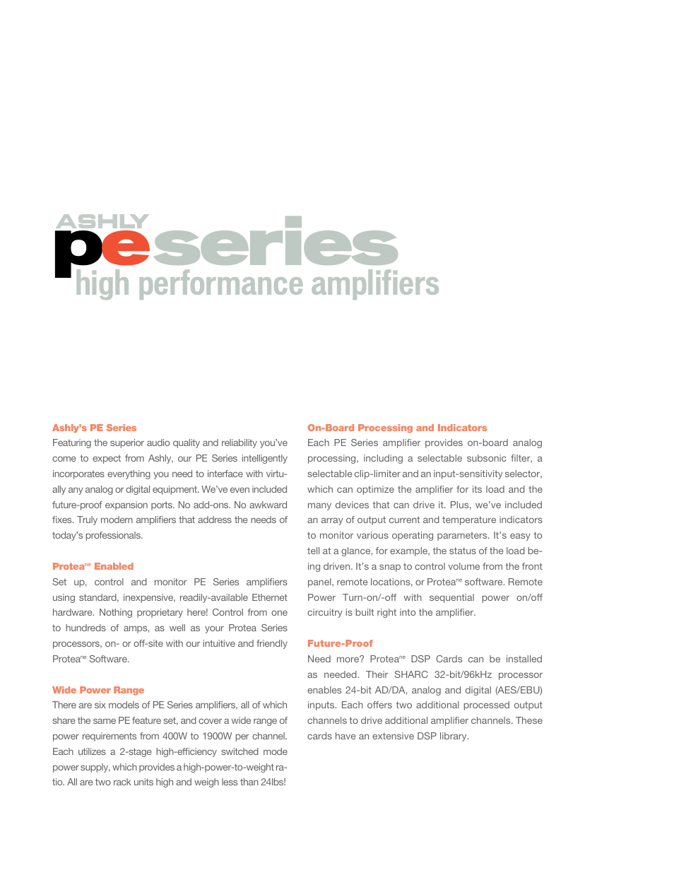 Pe series, High performance amplifiers | Ashly PE-Series User Manual | Page 2 / 6