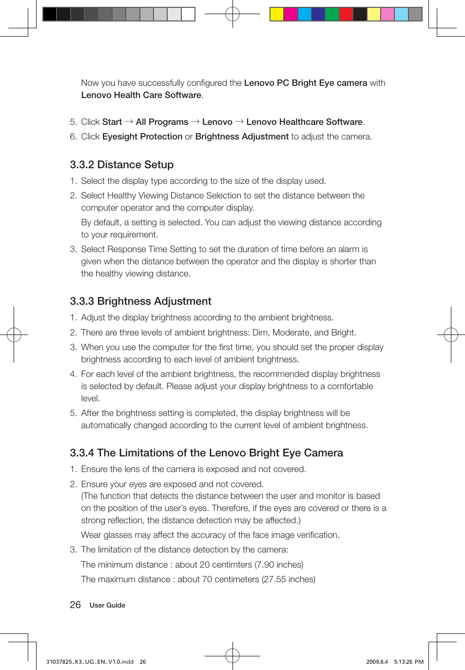 2 distance setup, 3 brightness adjustment, 4 the limitations of the lenovo bright eye camera | Lenovo IdeaCentre K300 User Manual | Page 31 / 45