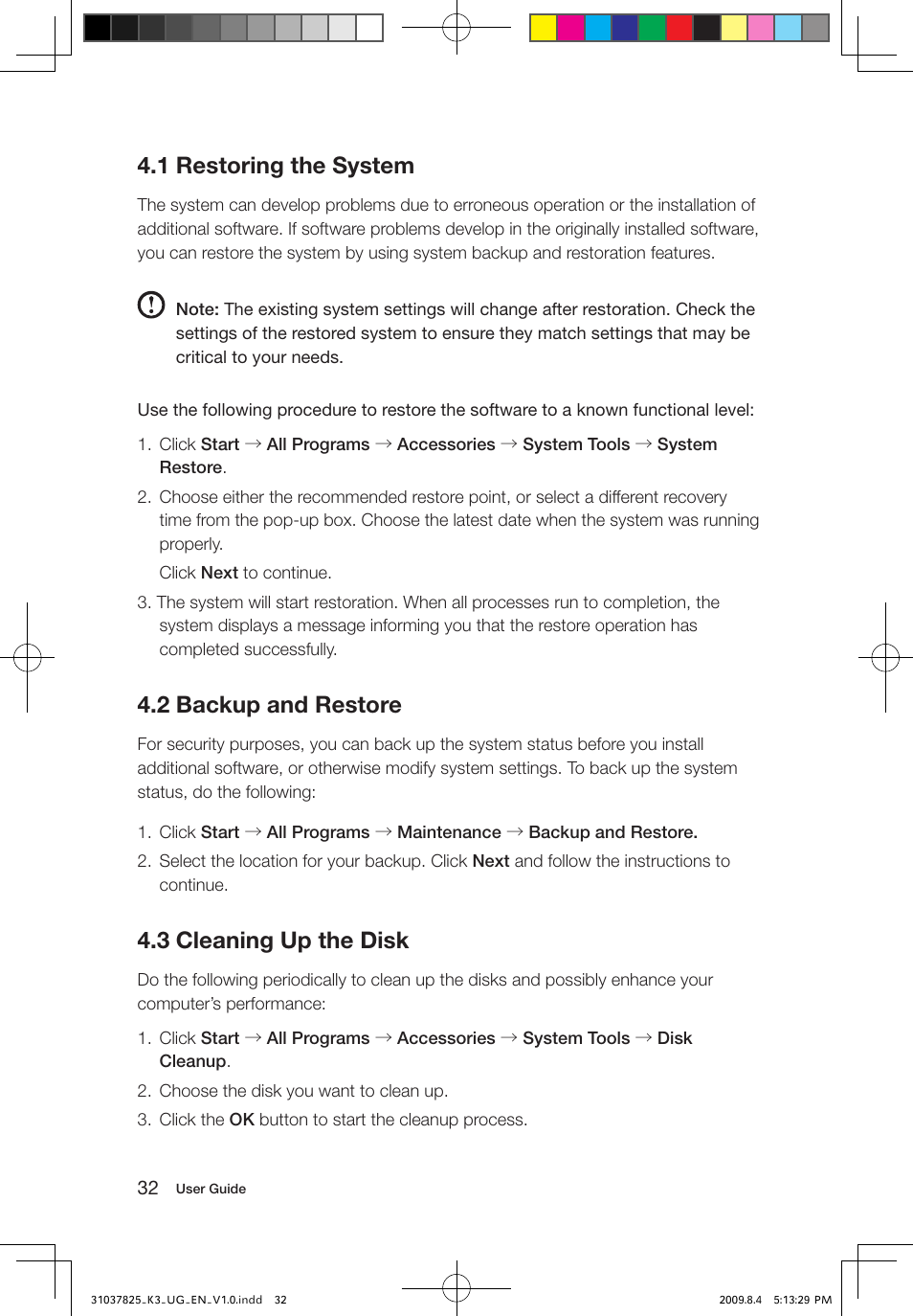 1 restoring the system, 2 backup and restore, 3 cleaning up the disk | Lenovo IdeaCentre K300 User Manual | Page 37 / 45