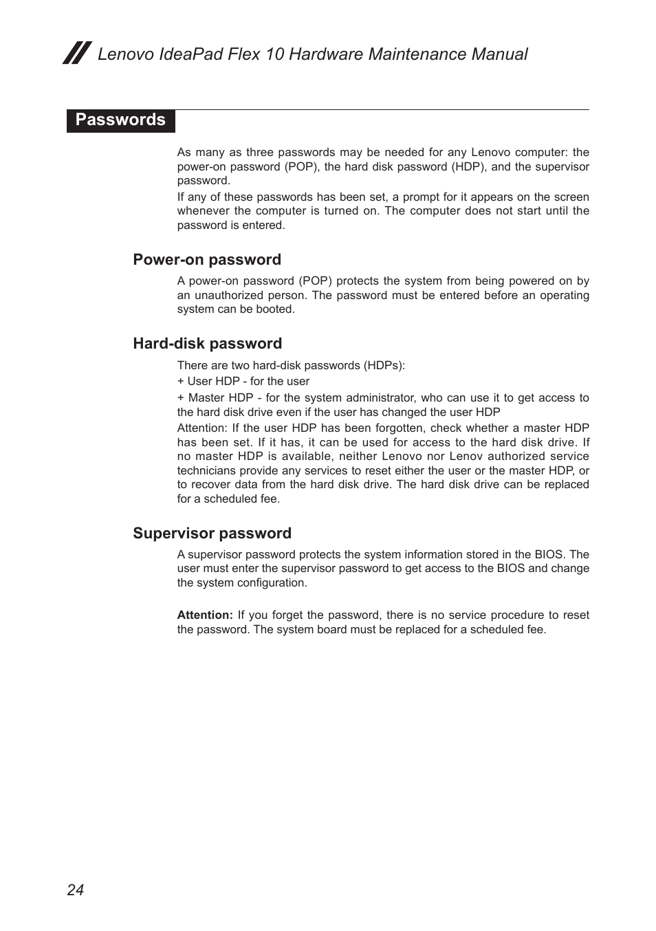 Passwords, Power-on password, Hard-disk password | Supervisor password | Lenovo Flex 10 Notebook Lenovo User Manual | Page 28 / 68