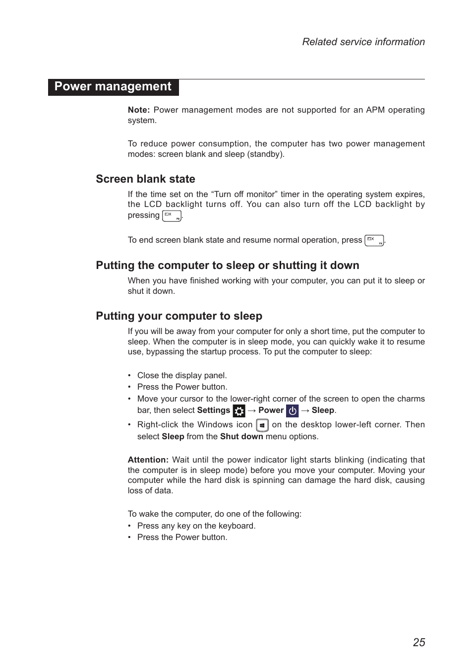 Power management, Screen blank state, Putting the computer to sleep or shutting it down | Putting your computer to sleep, Putting the computer to sleep or, Shutting it down | Lenovo Flex 10 Notebook Lenovo User Manual | Page 29 / 68