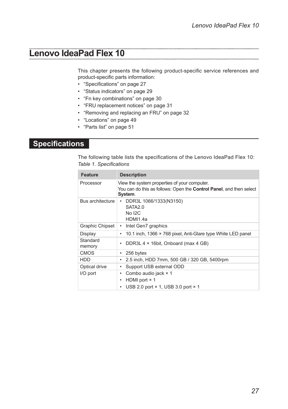 Lenovo ideapad flex 10, Specifications | Lenovo Flex 10 Notebook Lenovo User Manual | Page 31 / 68