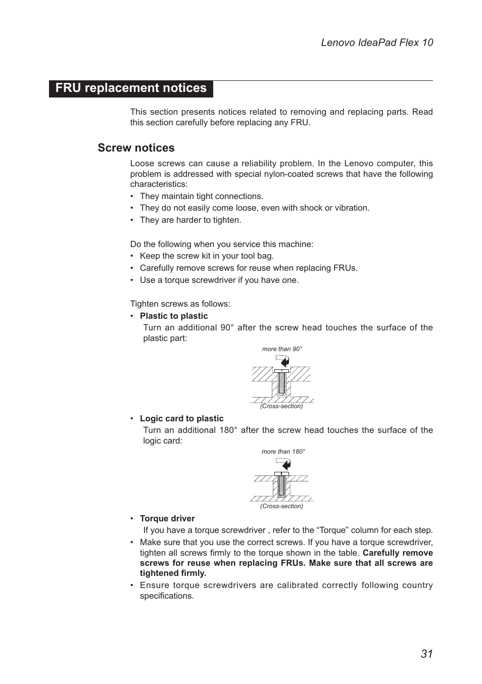 Fru replacement notices, Screw notices | Lenovo Flex 10 Notebook Lenovo User Manual | Page 35 / 68