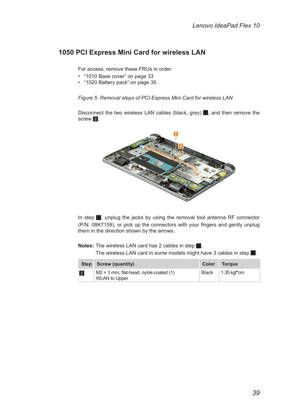 1050 pci express mini card for wireless lan | Lenovo Flex 10 Notebook Lenovo User Manual | Page 43 / 68