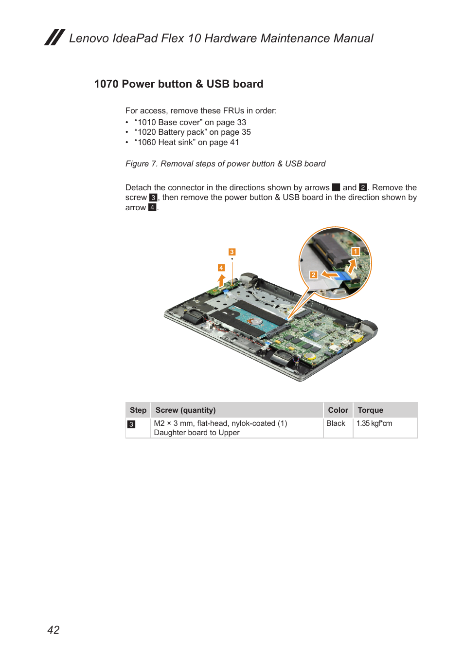 1070 power button & usb board, Lenovo ideapad flex 10 hardware maintenance manual | Lenovo Flex 10 Notebook Lenovo User Manual | Page 46 / 68