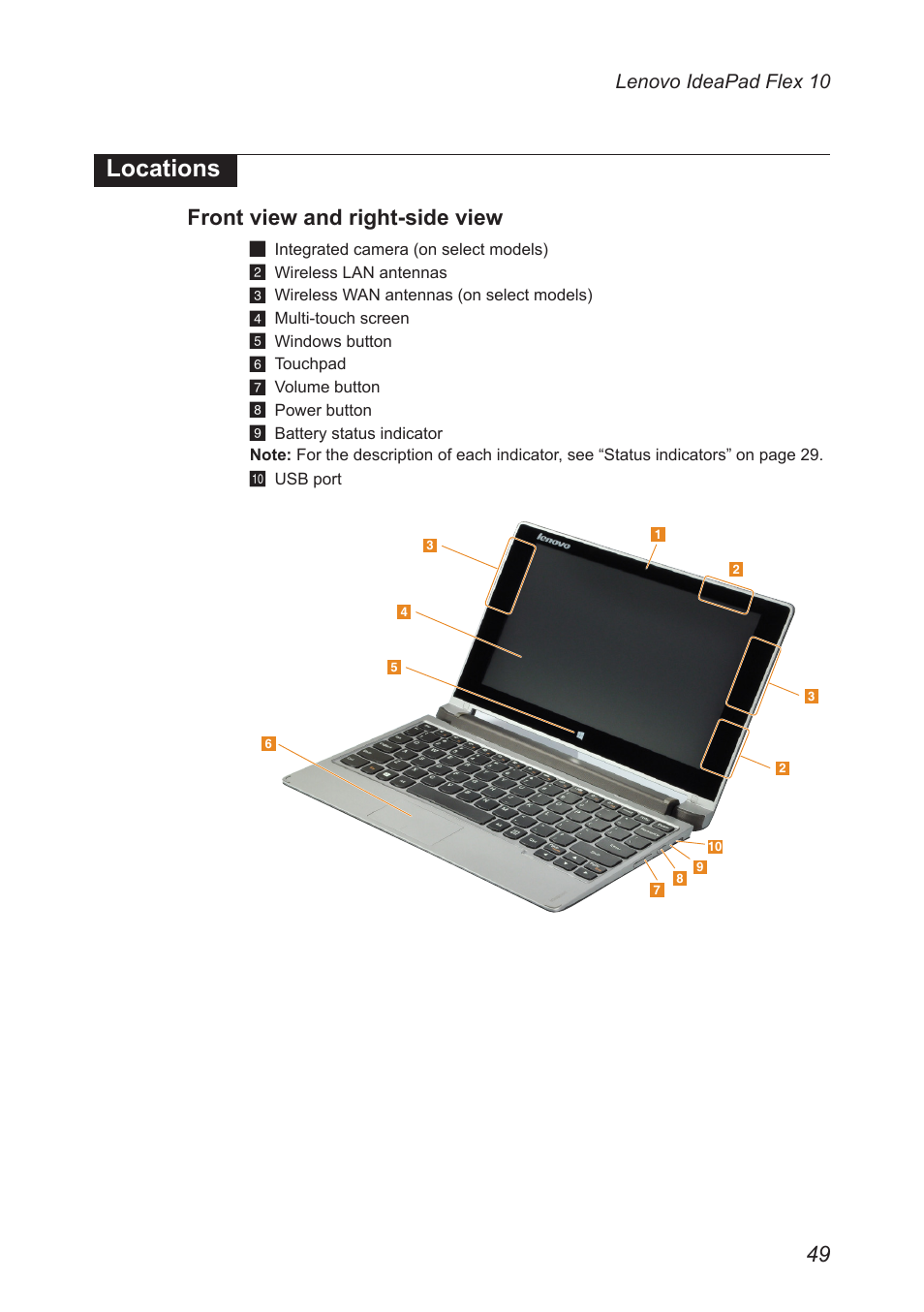 Locations, Front view and right-side view | Lenovo Flex 10 Notebook Lenovo User Manual | Page 53 / 68