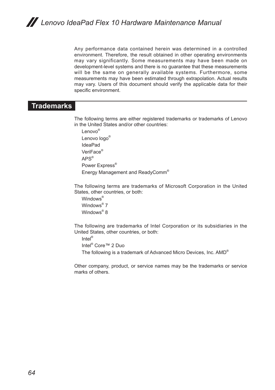 Trademarks, Lenovo ideapad flex 10 hardware maintenance manual | Lenovo Flex 10 Notebook Lenovo User Manual | Page 68 / 68