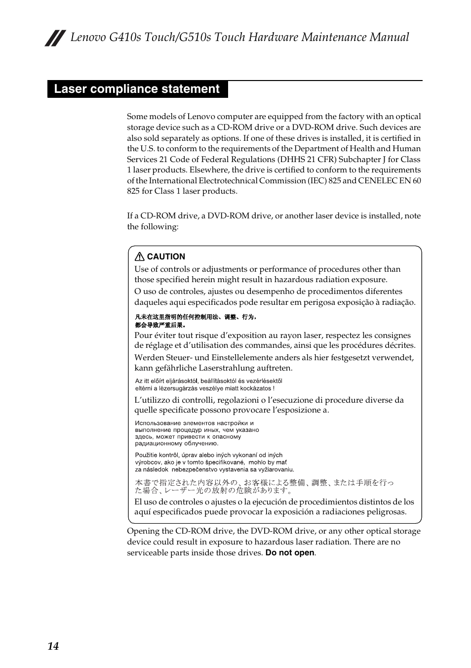 Laser compliance statement | Lenovo G510s Touch Notebook User Manual | Page 18 / 102