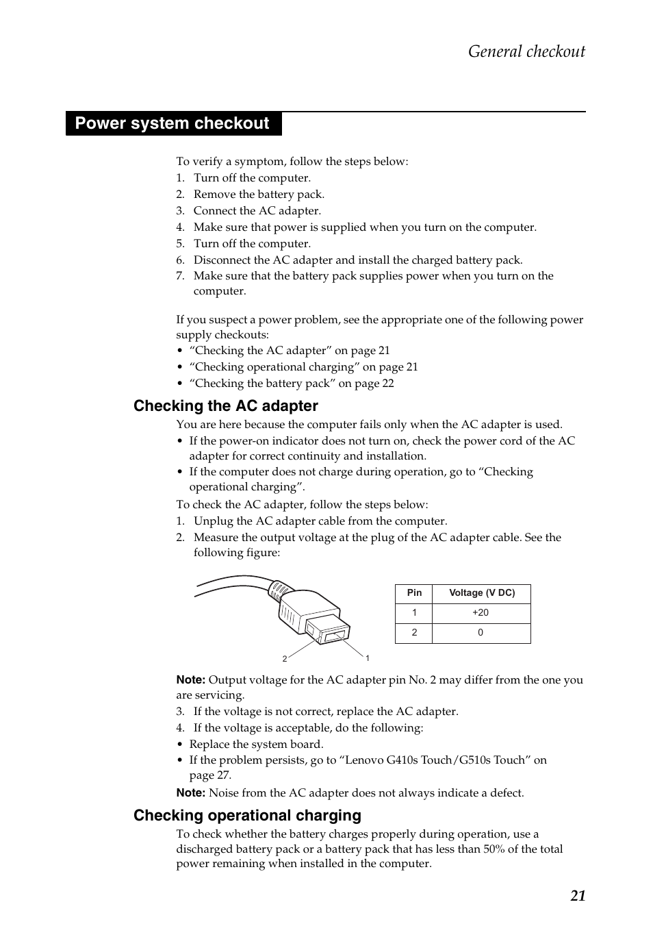 Power system checkout, Checking the ac adapter, Checking operational charging | General checkout | Lenovo G510s Touch Notebook User Manual | Page 25 / 102