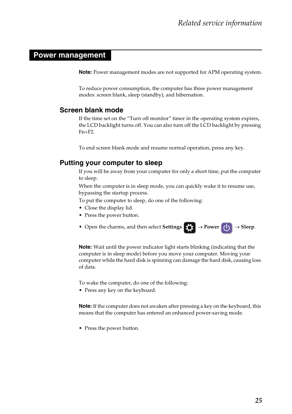 Power management, Screen blank mode, Putting your computer to sleep | Screen blank mode putting your computer to sleep, Related service information | Lenovo G510s Touch Notebook User Manual | Page 29 / 102