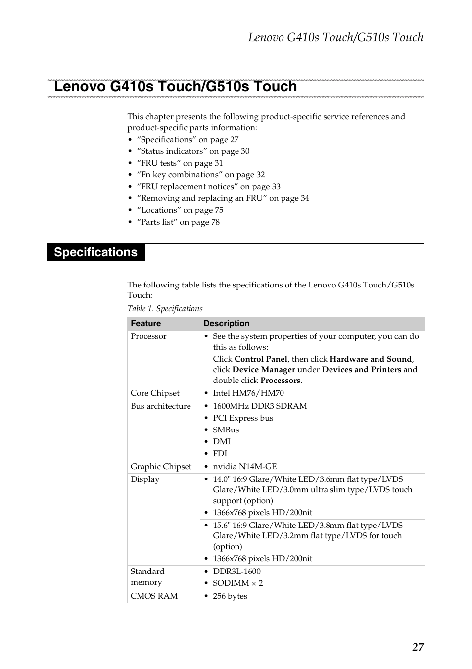 Lenovo g410s touch/g510s touch, Specifications, Lenovo g410s touch/g510s touch specifications | Lenovo g410s touch/g510s touch” on | Lenovo G510s Touch Notebook User Manual | Page 31 / 102