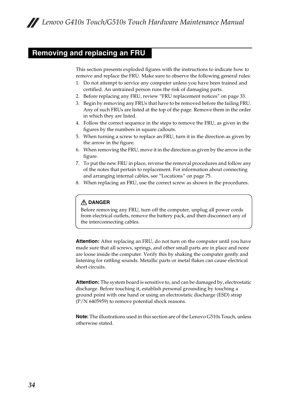 Removing and replacing an fru | Lenovo G510s Touch Notebook User Manual | Page 38 / 102