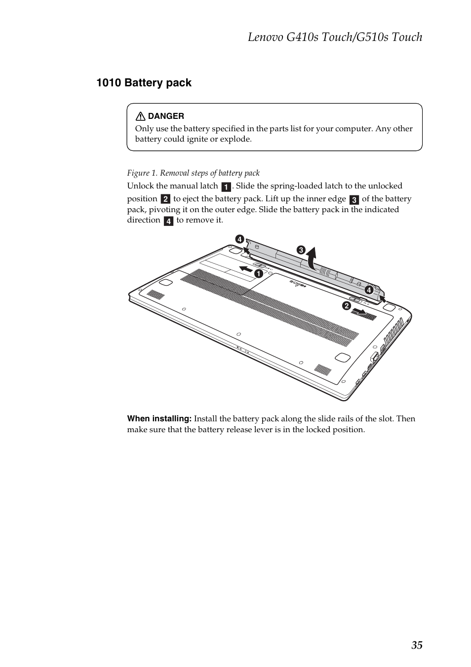 1010 battery pack | Lenovo G510s Touch Notebook User Manual | Page 39 / 102