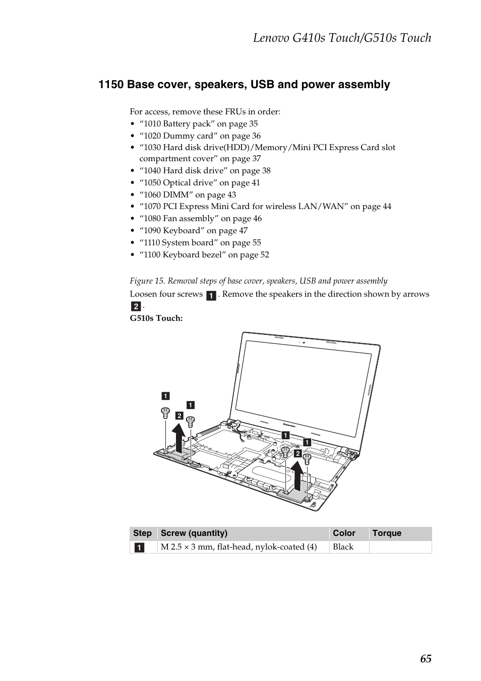 1150 base cover, speakers, usb and power assembly | Lenovo G510s Touch Notebook User Manual | Page 69 / 102