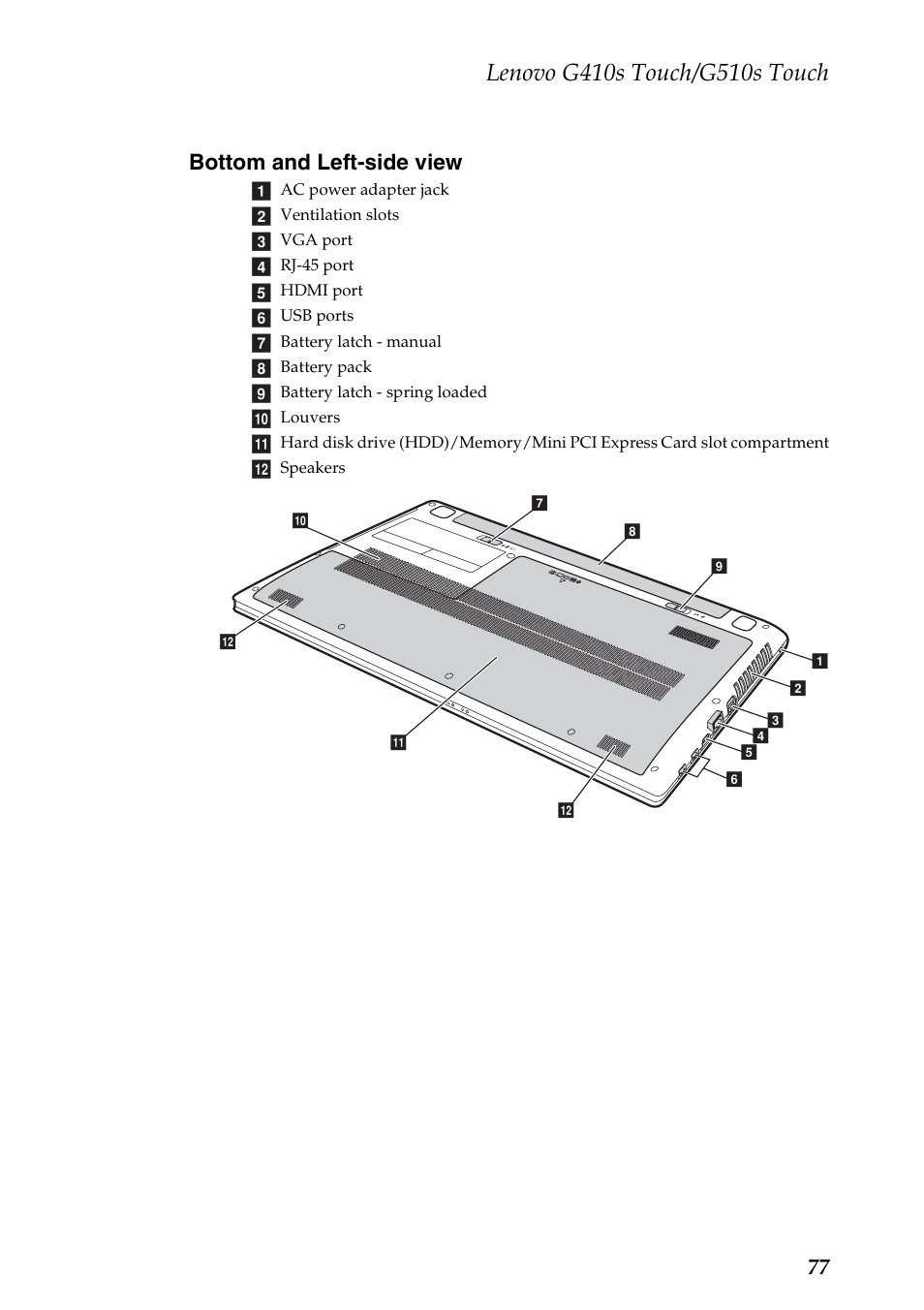 Bottom and left-side view, 77 bottom and left-side view | Lenovo G510s Touch Notebook User Manual | Page 81 / 102