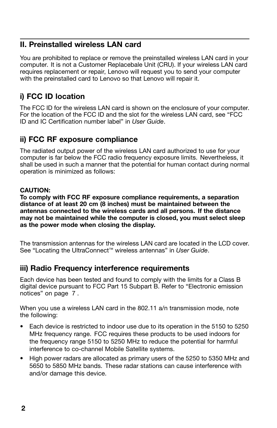 Ii. preinstalled wireless lan card, I) fcc id location, Ii) fcc rf exposure compliance | Iii) radio frequency interference requirements | Lenovo ThinkPad 11e Chromebook User Manual | Page 2 / 10