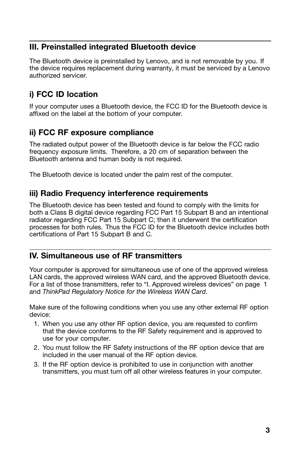 Iii. preinstalled integrated bluetooth device, I) fcc id location, Ii) fcc rf exposure compliance | Iii) radio frequency interference requirements, Iv. simultaneous use of rf transmitters | Lenovo ThinkPad 11e Chromebook User Manual | Page 3 / 10