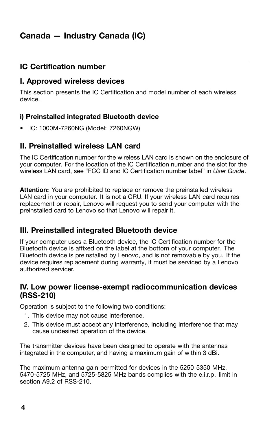 Canada — industry canada (ic), Ic certification number, I. approved wireless devices | Ii. preinstalled wireless lan card, Iii. preinstalled integrated bluetooth device | Lenovo ThinkPad 11e Chromebook User Manual | Page 4 / 10