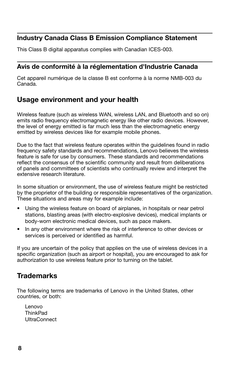 Usage environment and your health, Trademarks | Lenovo ThinkPad 11e Chromebook User Manual | Page 8 / 10