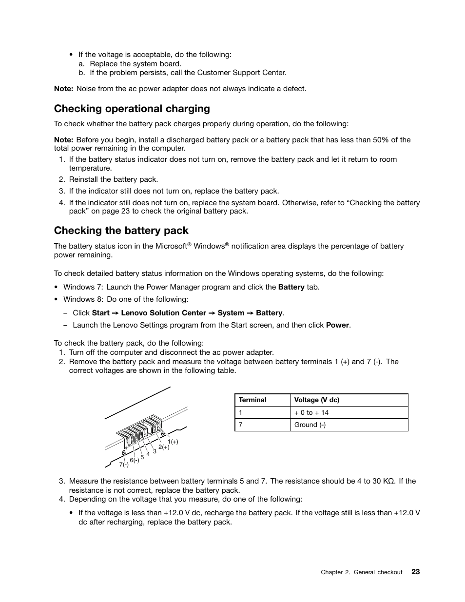 Checking operational charging, Checking the battery pack | Lenovo M490s notebook User Manual | Page 29 / 80