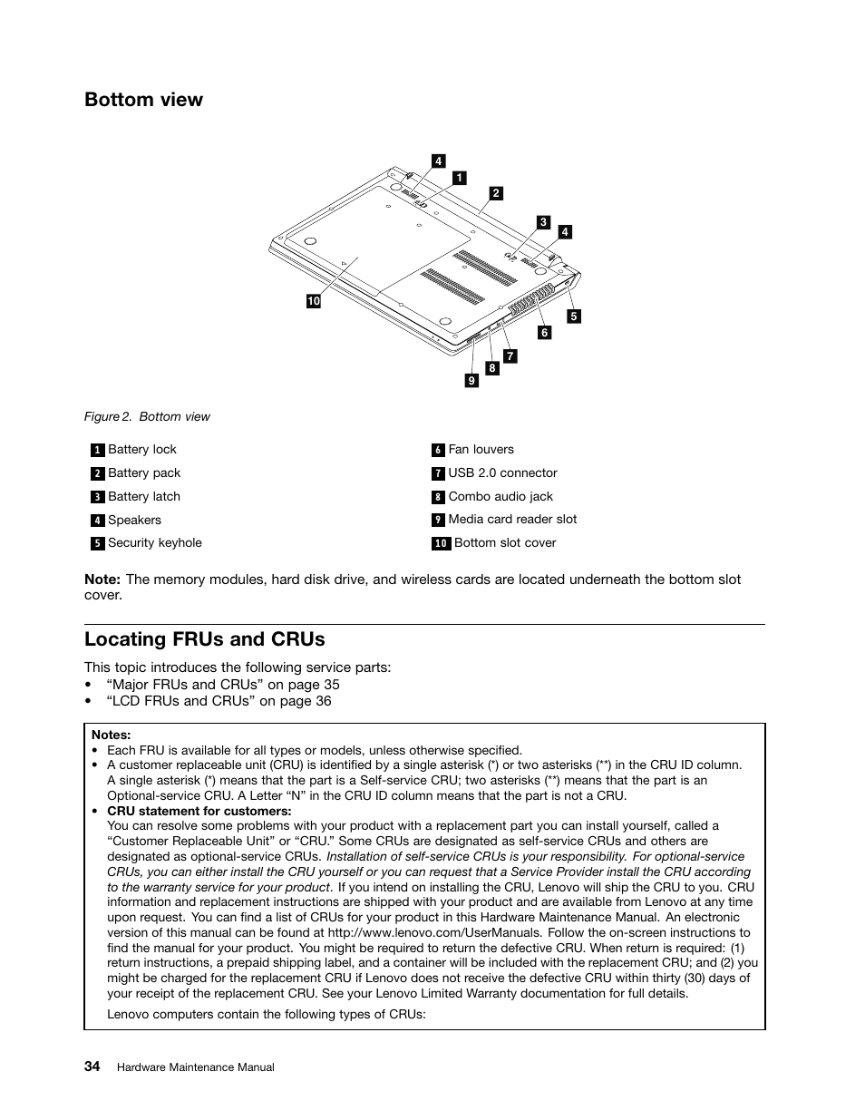 Bottom view, Locating frus and crus | Lenovo M490s notebook User Manual | Page 40 / 80