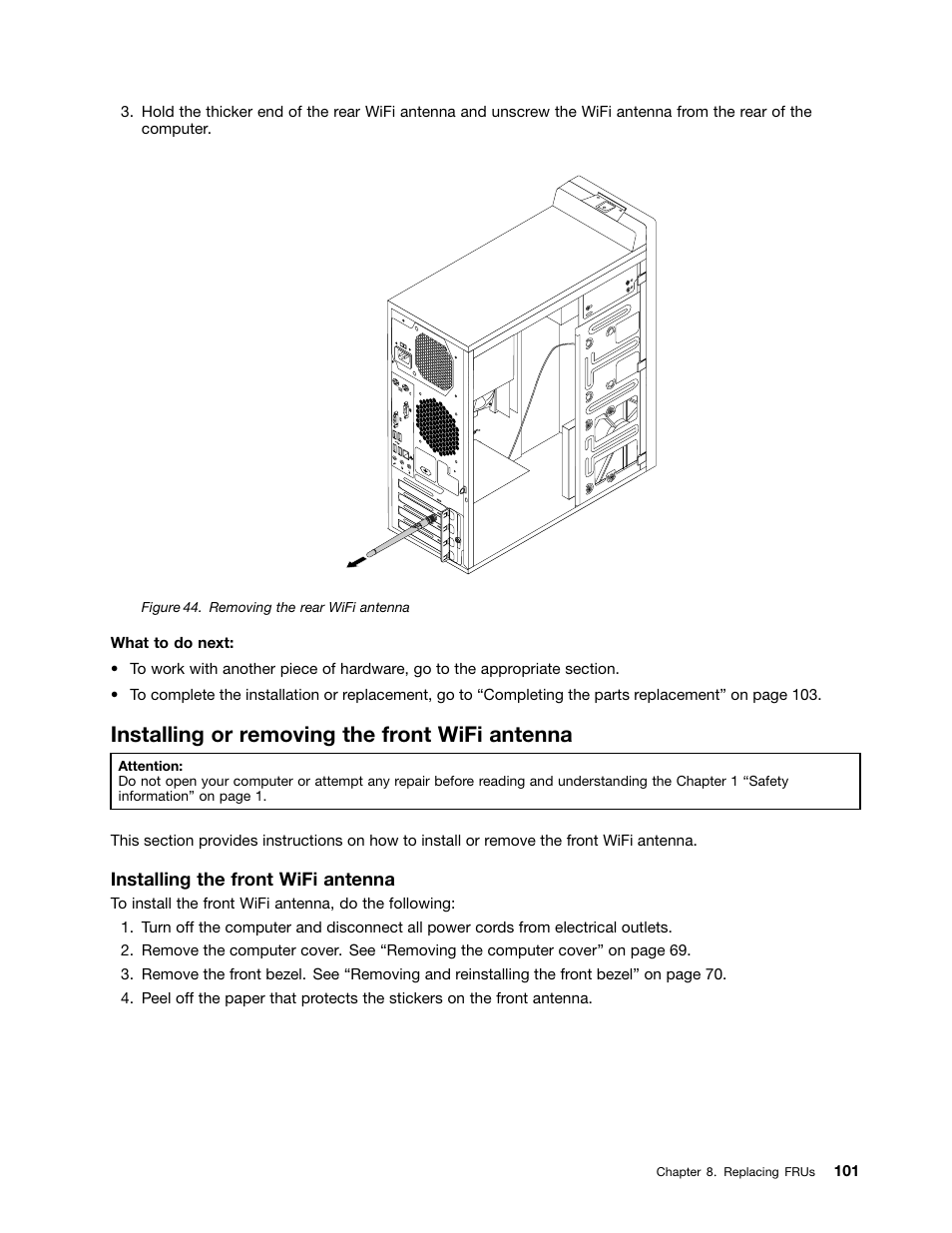 Installing or removing the front wifi antenna | Lenovo M4350 Desktop User Manual | Page 107 / 120