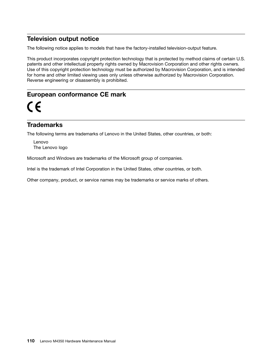 Television output notice, European conformance ce mark, Trademarks | European conformance ce mark trademarks | Lenovo M4350 Desktop User Manual | Page 116 / 120