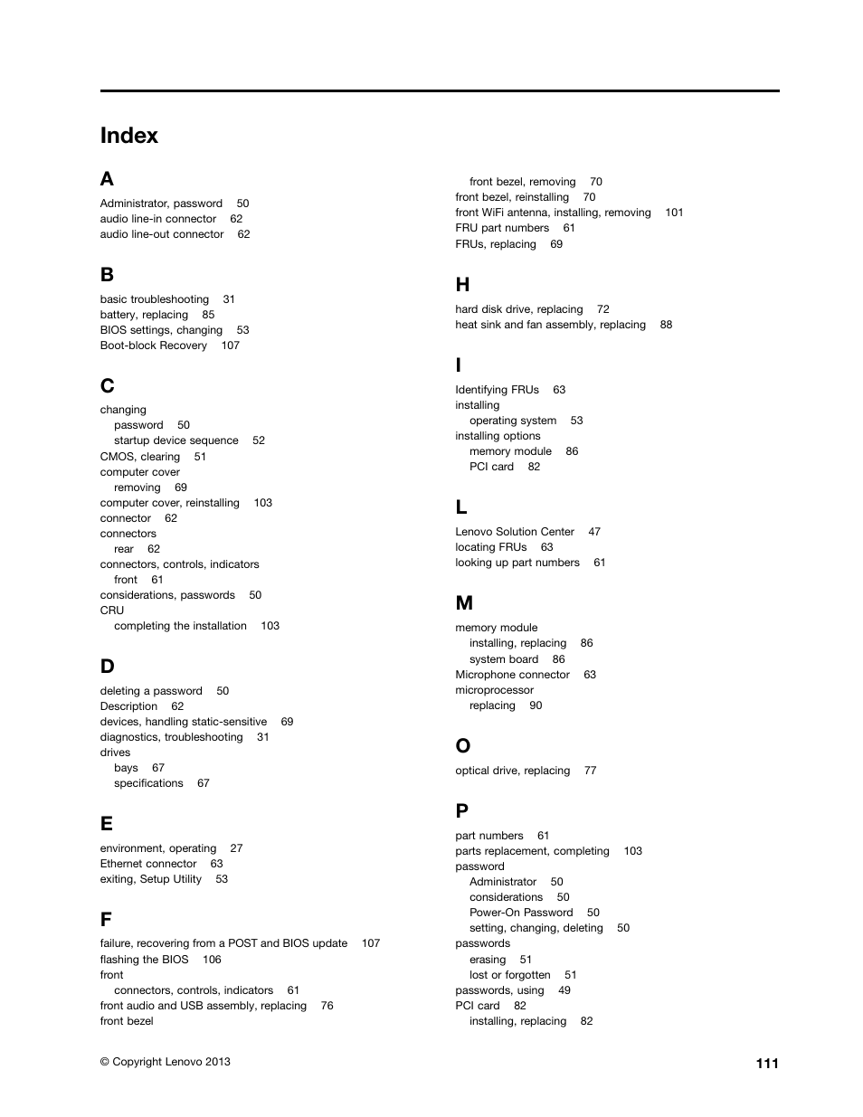 Index | Lenovo M4350 Desktop User Manual | Page 117 / 120