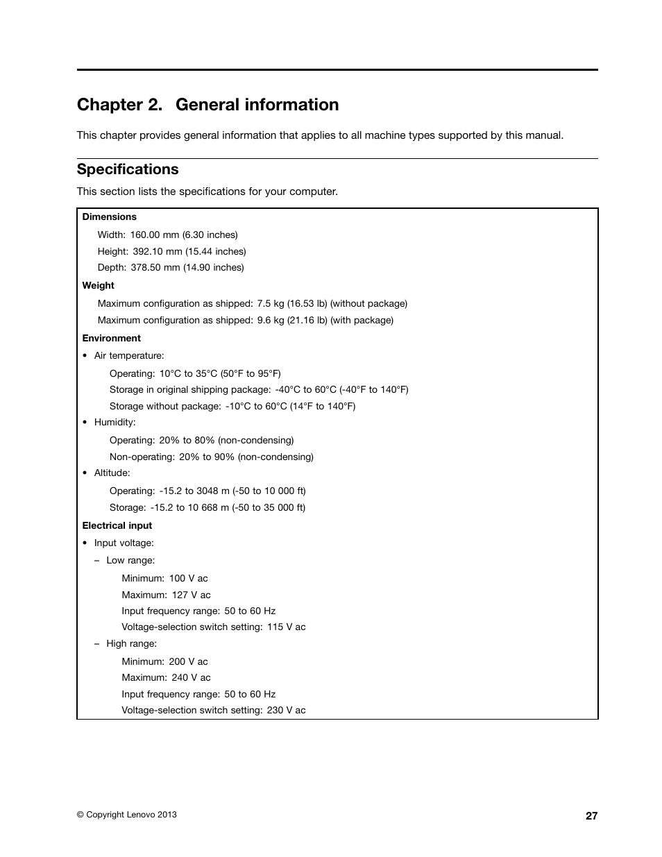 Chapter 2. general information, Specifications | Lenovo M4350 Desktop User Manual | Page 33 / 120