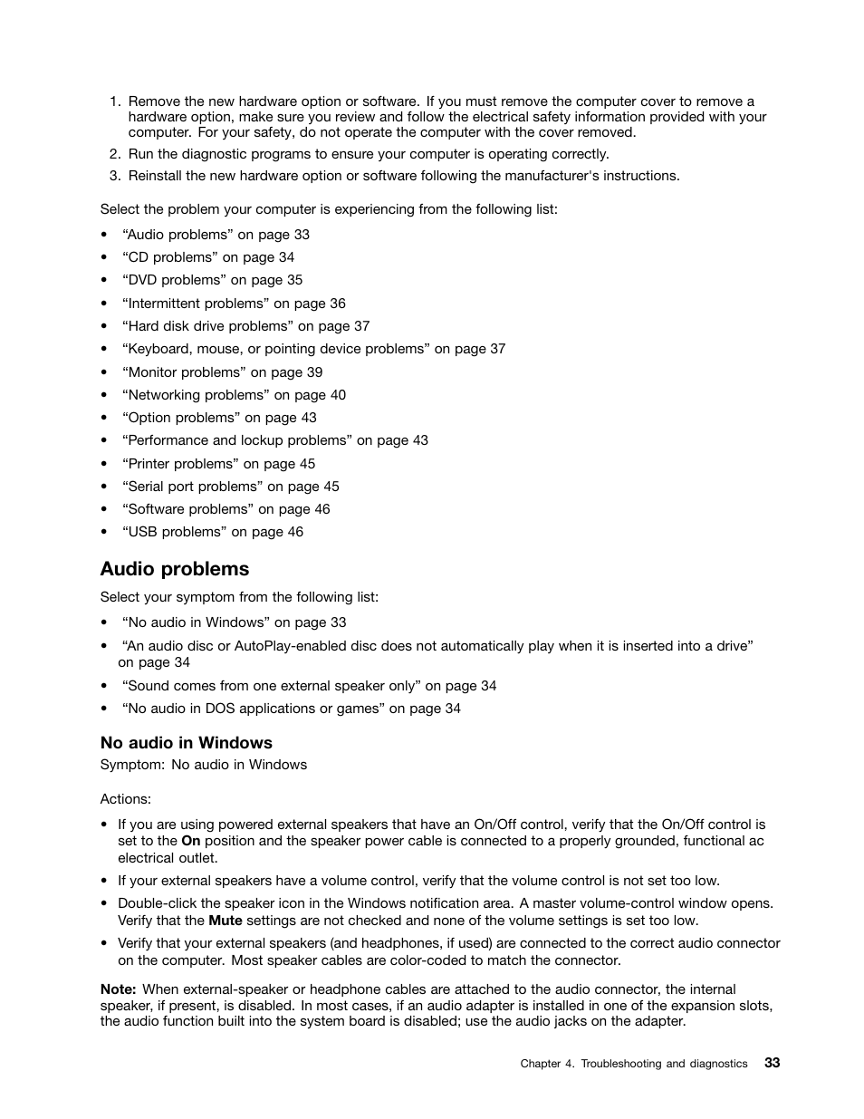 Audio problems | Lenovo M4350 Desktop User Manual | Page 39 / 120