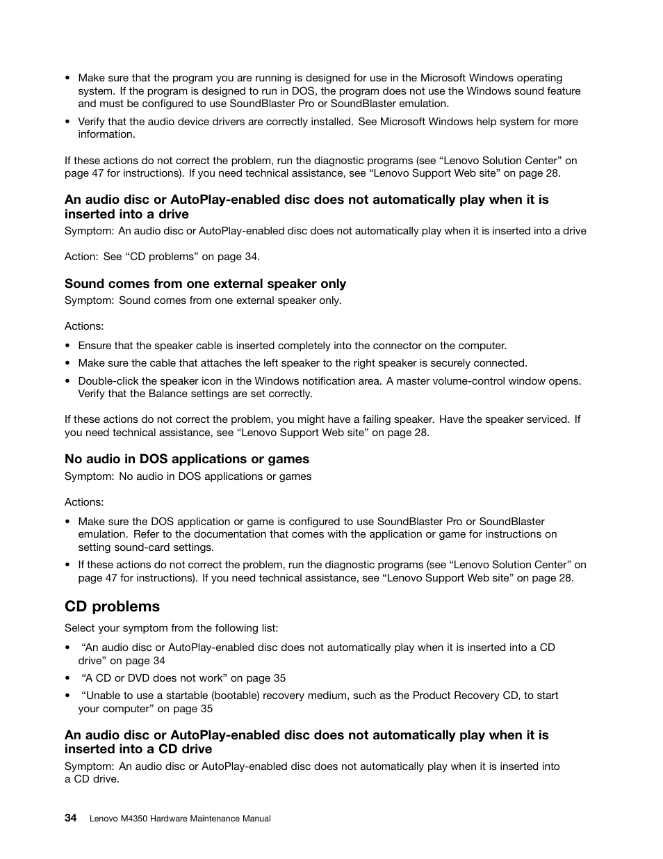 Cd problems | Lenovo M4350 Desktop User Manual | Page 40 / 120