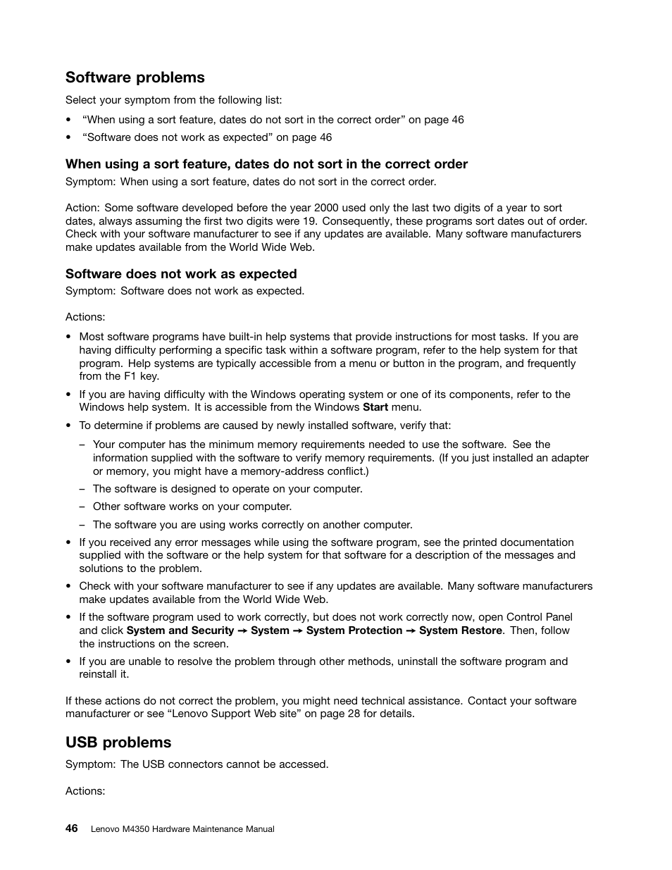 Software problems, Usb problems | Lenovo M4350 Desktop User Manual | Page 52 / 120