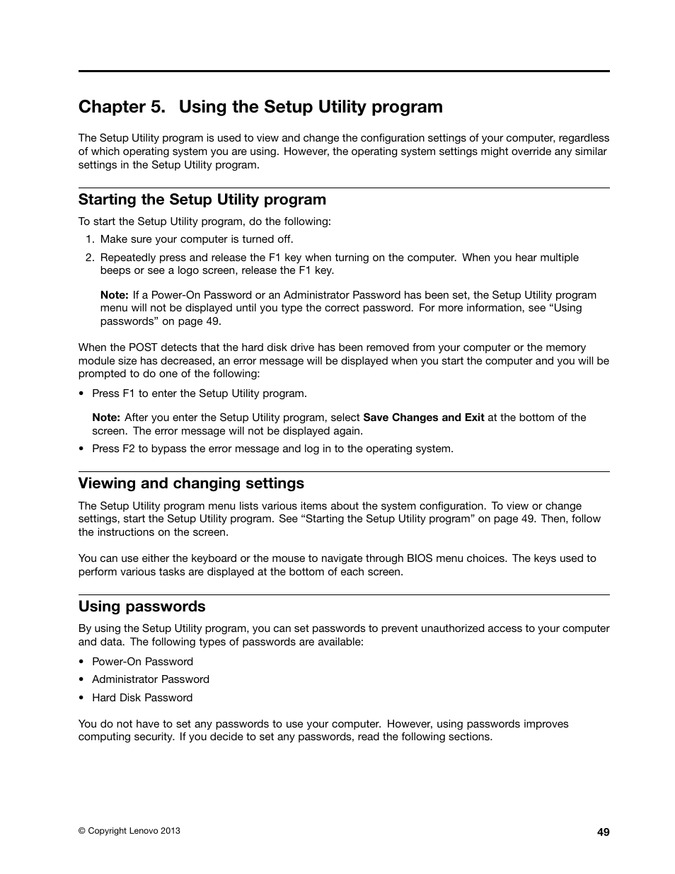 Chapter 5. using the setup utility program, Starting the setup utility program, Viewing and changing settings | Using passwords | Lenovo M4350 Desktop User Manual | Page 55 / 120