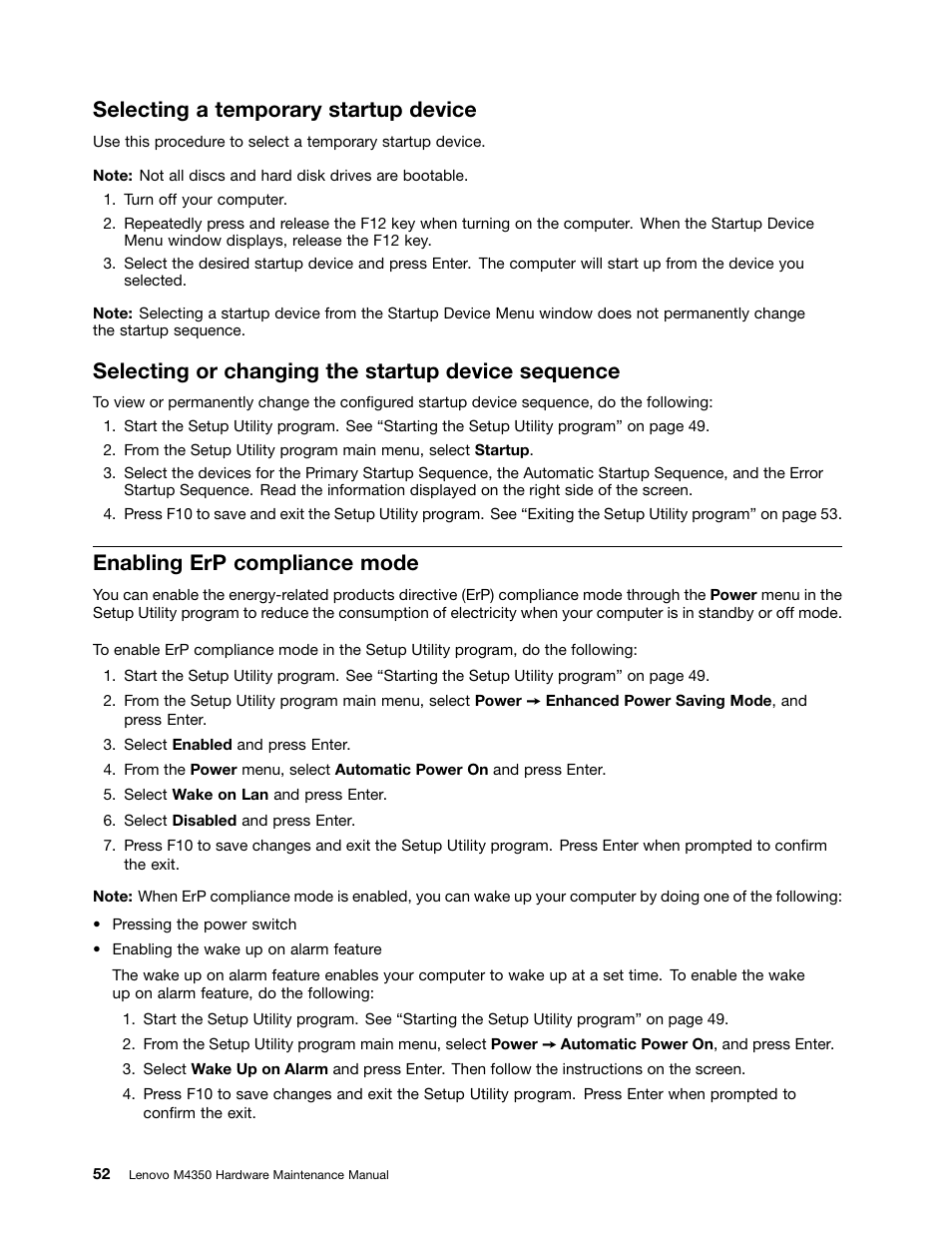 Selecting a temporary startup device, Selecting or changing the startup device sequence, Enabling erp compliance mode | Lenovo M4350 Desktop User Manual | Page 58 / 120