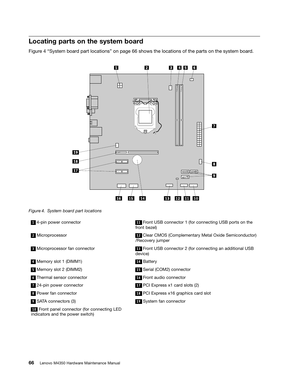 Locating parts on the system board, Locating parts on the system | Lenovo M4350 Desktop User Manual | Page 72 / 120