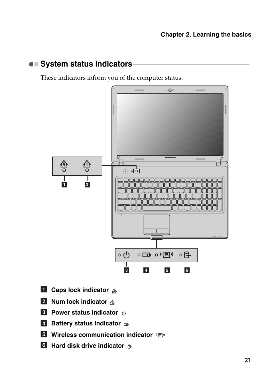 System status indicators | Lenovo G570 Notebook User Manual | Page 25 / 49