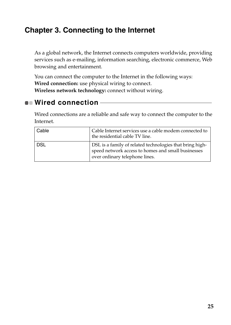 Chapter 3. connecting to the internet, Wired connection | Lenovo G570 Notebook User Manual | Page 29 / 49