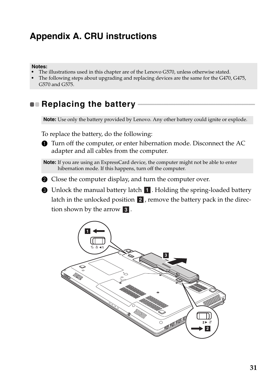 Appendix a. cru instructions, Replacing the battery | Lenovo G570 Notebook User Manual | Page 35 / 49